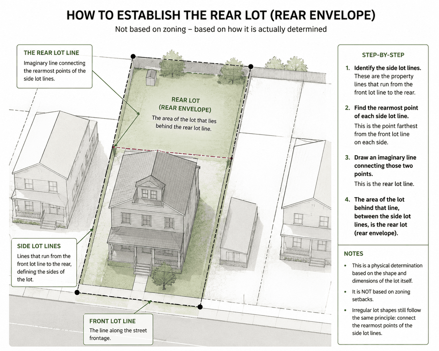 Residential lot concept diagram showing a house, front and side lot lines, a shaded rear yard area, and a red dashed line behind the house.
